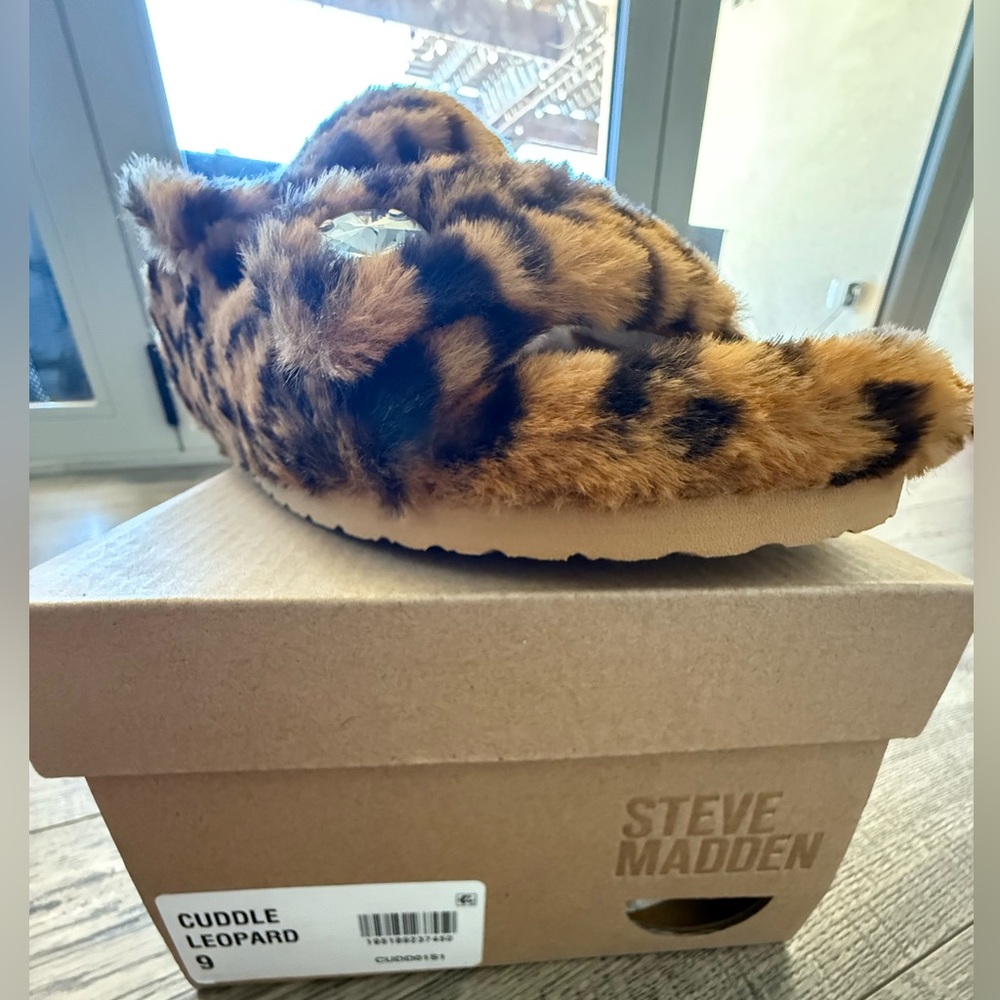 Steve Madden Cuddle Leopard Faux Fur Slippers